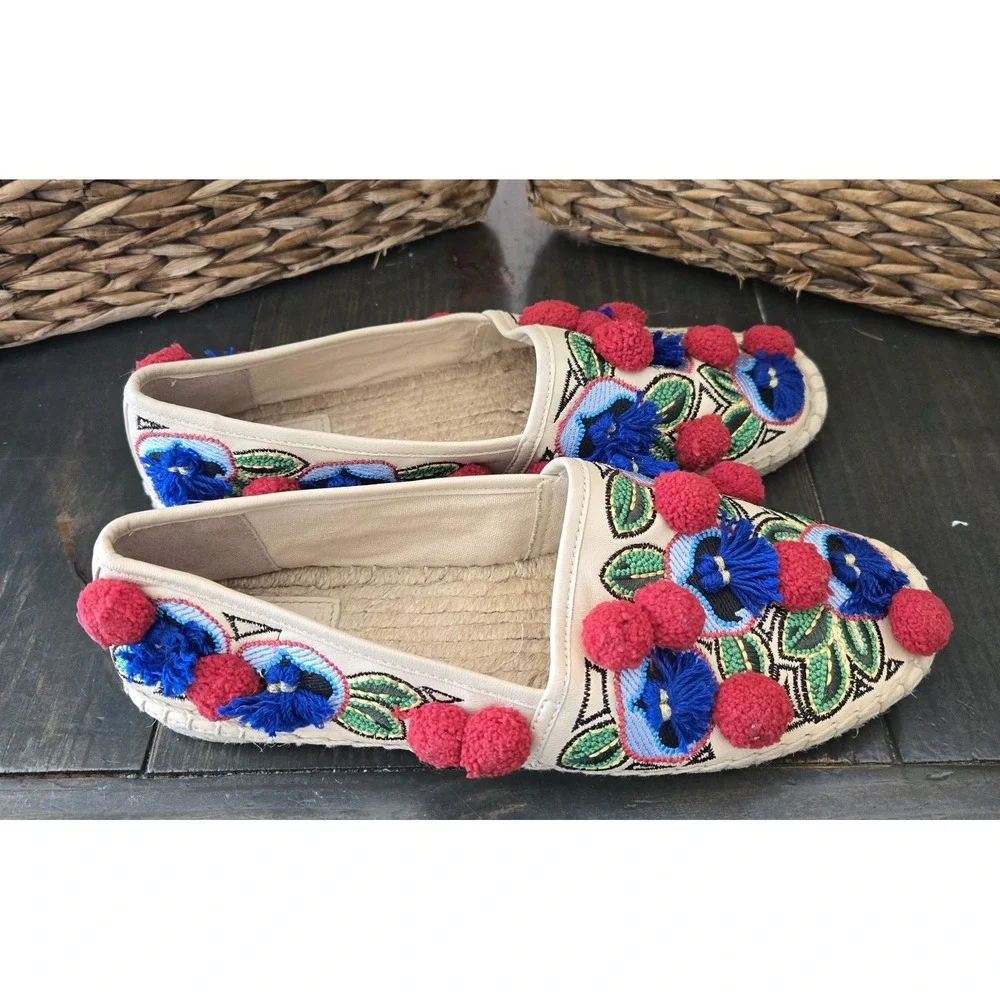 TORY BURCH Ellis‎ Pom-pom Embroidered Leather Textile Espadrille Flats 7.5 Shoes